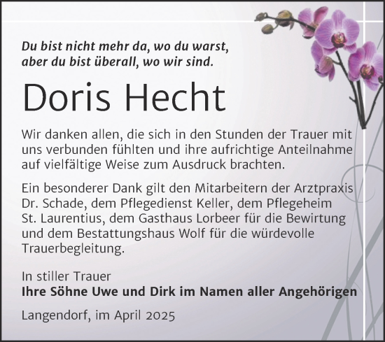 Traueranzeige von Doris Hecht von Trauerkombi Weißenfels