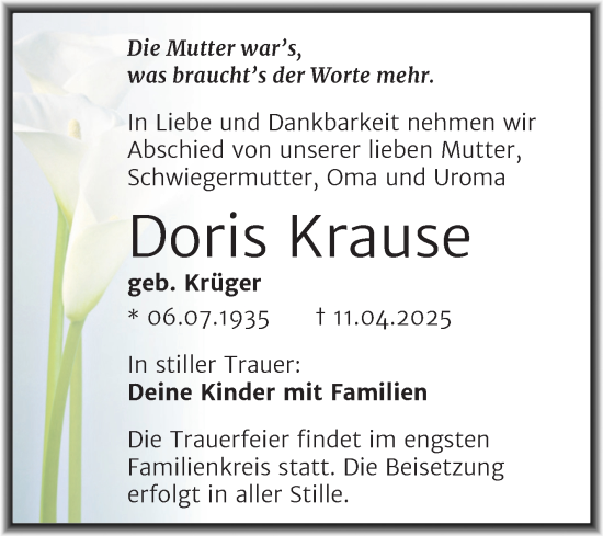 Traueranzeige von Doris Krause von Trauerkombi Bitterfeld