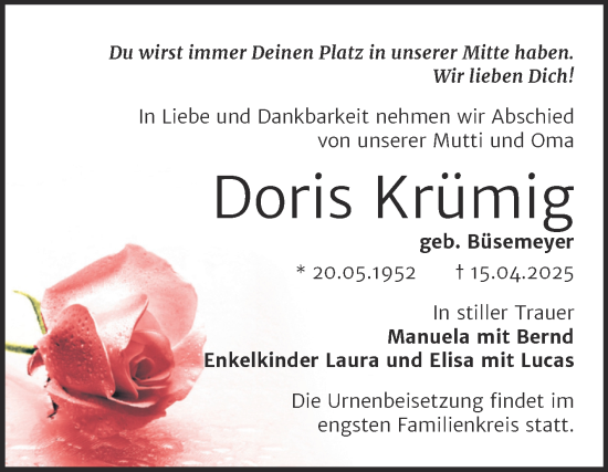 Traueranzeige von Doris Krümig von Trauerkombi Merseburg