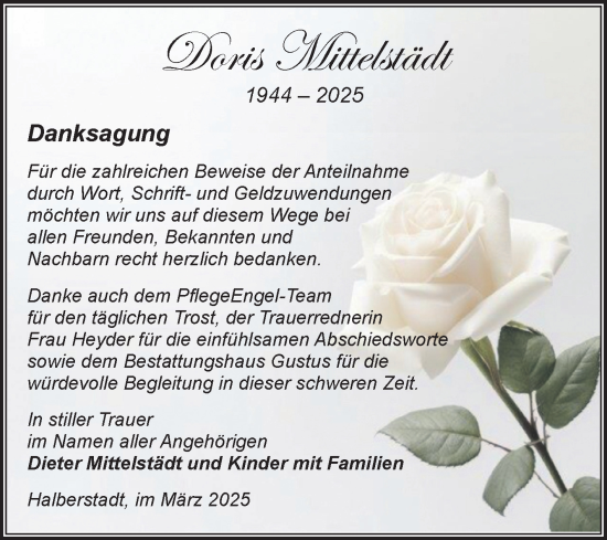 Traueranzeige von Doris Mittelstädt von Volksstimme Halberstadt