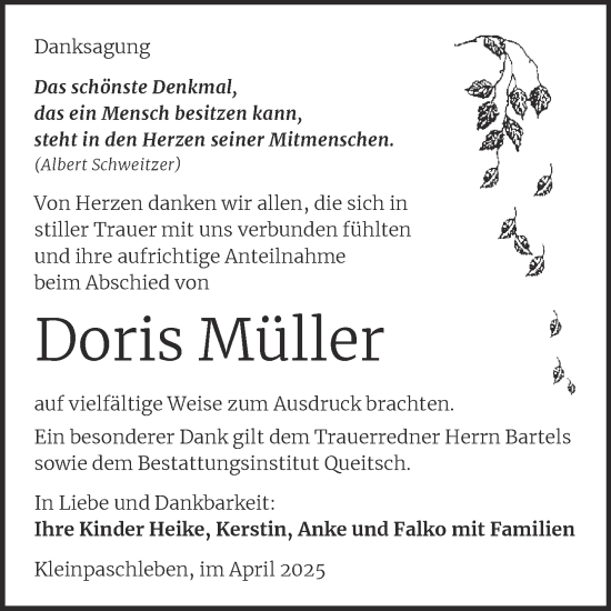 Traueranzeige von Doris Müller von Trauerkombi Köthen