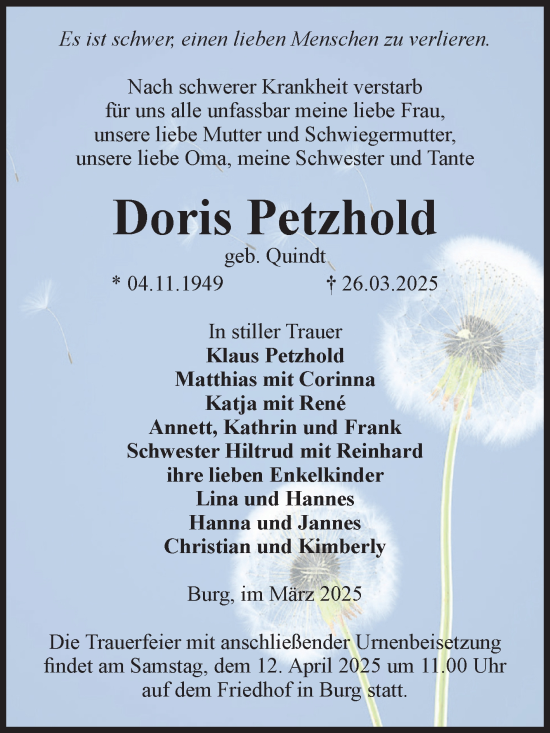 Traueranzeige von Doris Petzhold von Volksstimme Burg/Genthin