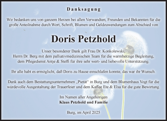 Traueranzeige von Doris Petzhold von Volksstimme Burg/Genthin