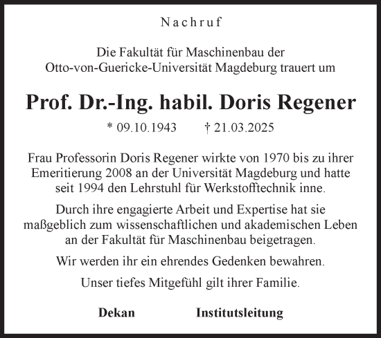 Traueranzeige von Doris Regener von Volksstimme Magdeburg