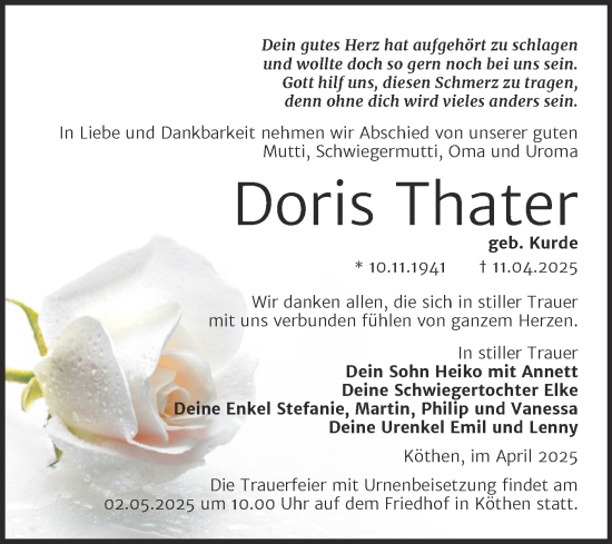 Traueranzeige von Doris Thater von Trauerkombi Köthen