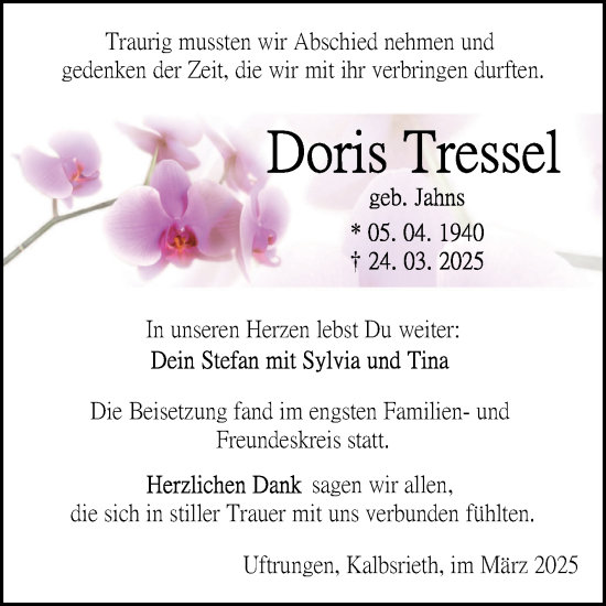 Traueranzeige von Doris Tressel von Trauerkombi Sangerhausen