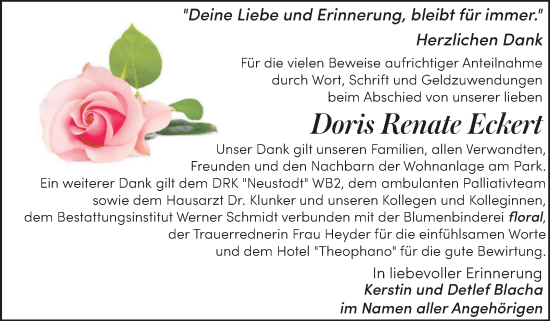Traueranzeige von Doris Renate Eckert von Trauerkombi Quedlinburg