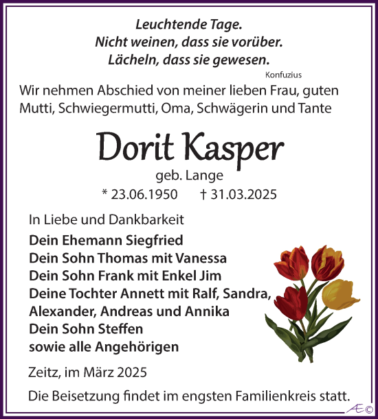 Traueranzeige von Dorit Kasper von Trauerkombi Zeitz