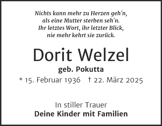 Traueranzeige von Dorit Welzel von Trauerkombi Weißenfels