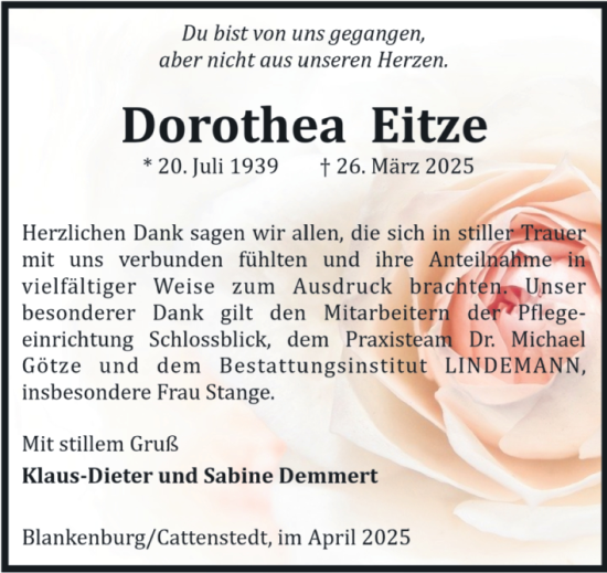 Traueranzeige von Dorothea Eitze von Volksstimme Wernigerode