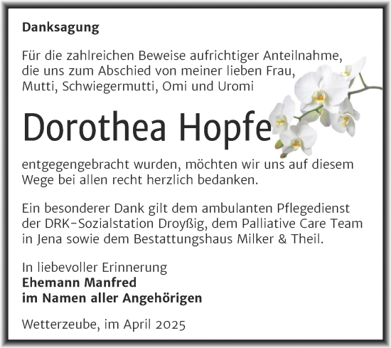Traueranzeige von Dorothea Hopfe von Trauerkombi Zeitz