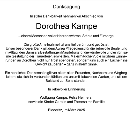 Traueranzeige von Dorothea Kampe von Volksstimme Burg/Genthin