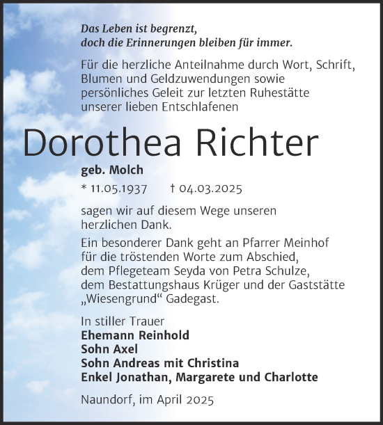 Traueranzeige von Dorothea Richter von Trauerkombi Wittenberg