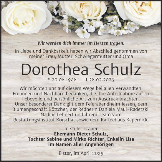 Traueranzeige von Dorothea Schulz von Trauerkombi Wittenberg