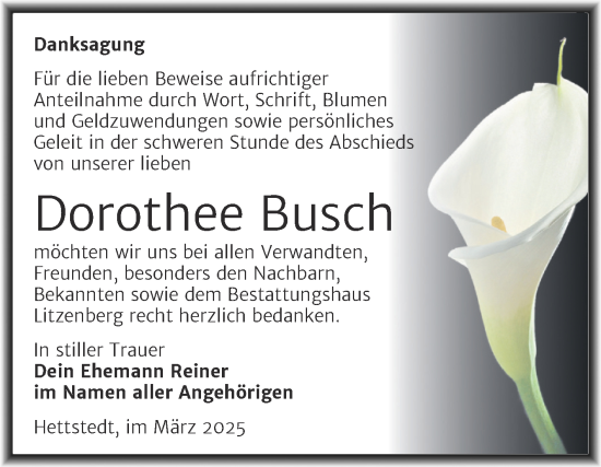 Traueranzeige von Dorothee Busch von Trauerkombi Mansfelder Land