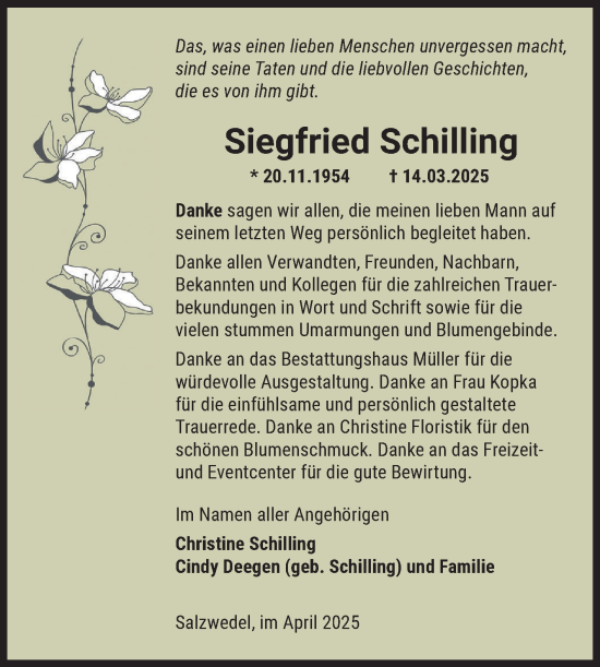 Traueranzeige von Siegfried Schilling von Volksstimme Altmark West