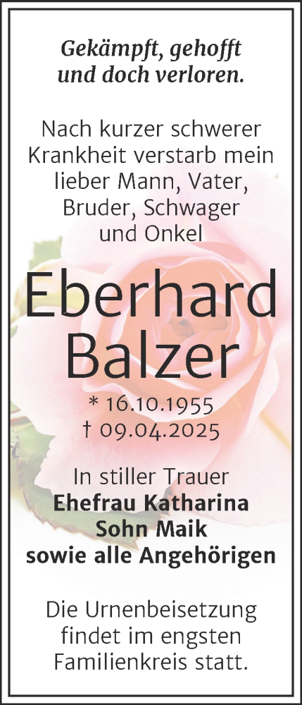 Traueranzeige von Eberhard Balzer von Trauerkombi Köthen