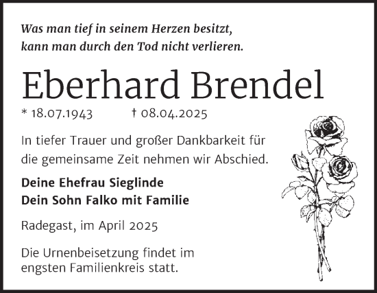 Traueranzeige von Eberhard Brendel von Trauerkombi Köthen