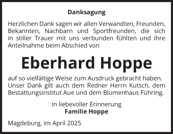 Traueranzeige von Eberhard Hoppe von Volksstimme Magdeburg