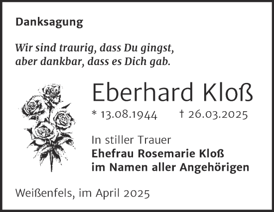 Traueranzeige von Eberhard Kloß von Trauerkombi Weißenfels