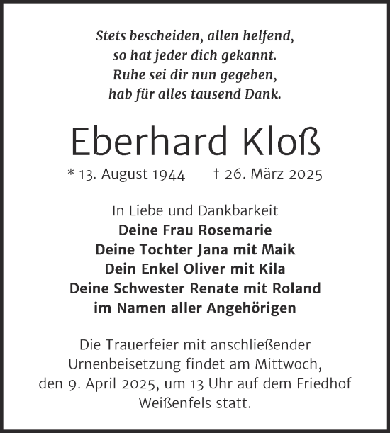 Traueranzeige von Eberhard Kloß von Trauerkombi Weißenfels