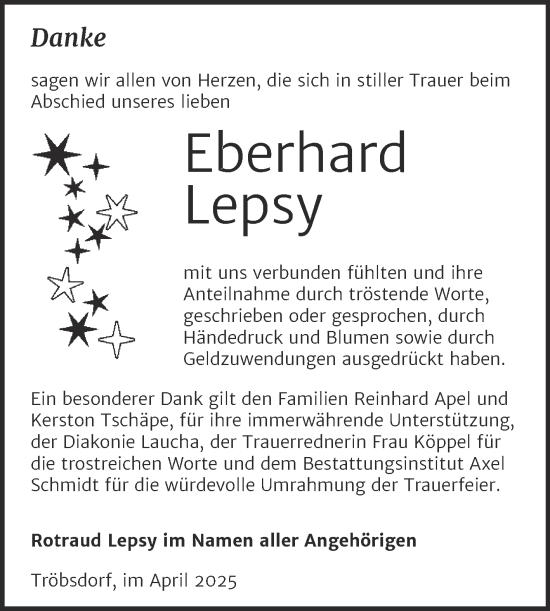 Traueranzeige von Eberhard Lepsy von Super Sonntag Naumburg/Nebra