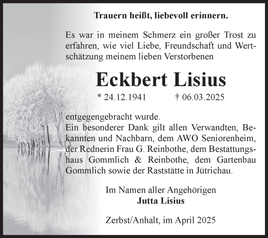 Traueranzeige von Eckbert Lisius von Volksstimme Zerbst