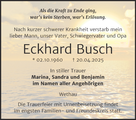 Traueranzeige von Eckhard Busch von Super Sonntag Naumburg/Nebra
