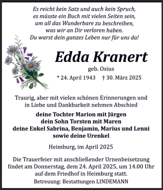 Traueranzeige von Edda Kranert von Volksstimme Wernigerode
