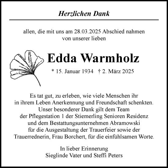 Traueranzeige von Edda Warmholz von Volksstimme Burg/Genthin