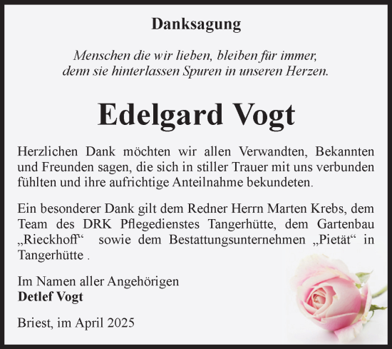 Traueranzeige von Edelgard Vogt von Volksstimme Altmark Ost