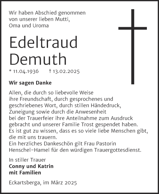 Traueranzeige von Edeltraud Demuth von Super Sonntag Naumburg/Nebra