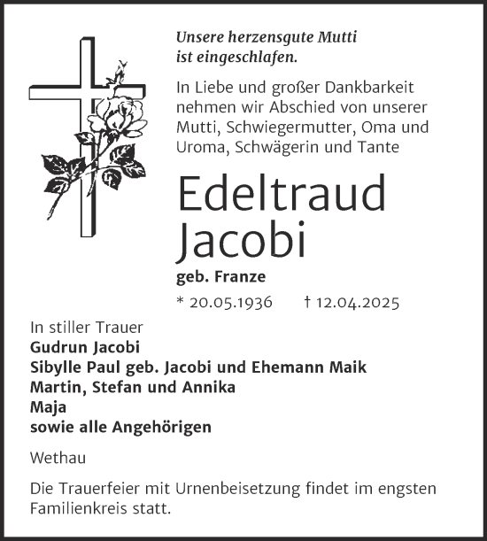 Traueranzeige von Edeltraud Jacobi von Super Sonntag Naumburg/Nebra