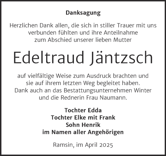 Traueranzeige von Edeltraud Jäntzsch von Trauerkombi Bitterfeld