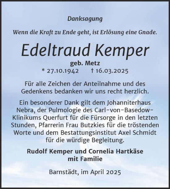 Traueranzeige von Edeltraud Kemper von Trauerkombi Merseburg
