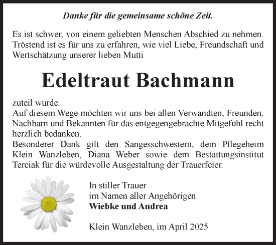 Traueranzeige von Edeltraut Bachmann von Volksstimme Oschersleben/Wanzleben