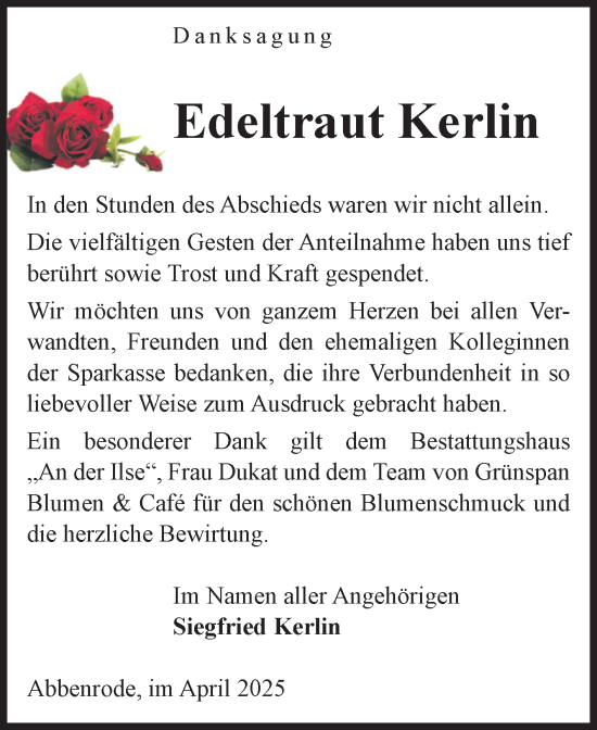 Traueranzeige von Edeltraut Kerlin von Volksstimme Wernigerode