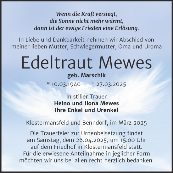 Traueranzeige von Edeltraut Mewes von Trauerkombi Mansfelder Land