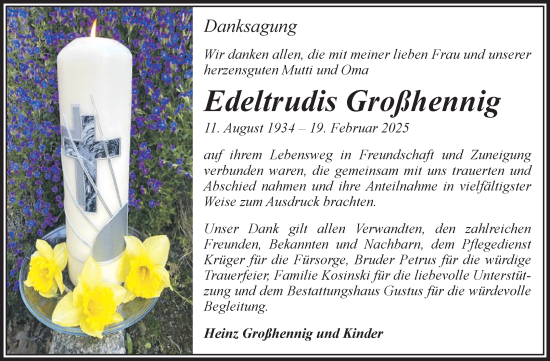 Traueranzeige von Edeltrudis Großhennig von Volksstimme Halberstadt