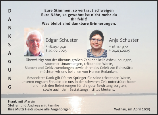 Traueranzeige von Edgar und Anja Schuster von Super Sonntag Naumburg/Nebra