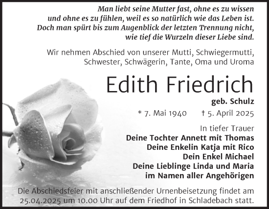 Traueranzeige von Edith Friedrich von Super Sonntag Merseburg/Querfurt