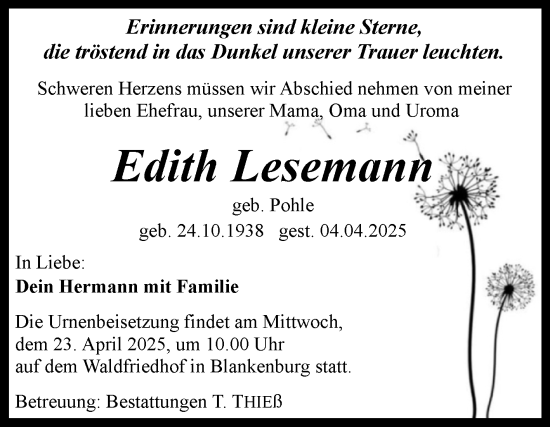 Traueranzeige von Edith Lesemann von Volksstimme Wernigerode