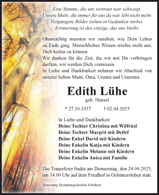 Traueranzeige von Edith Lühe von Volksstimme Haldensleben/Wolmirstedt