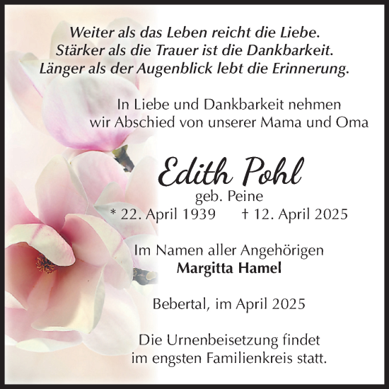 Traueranzeige von Edith Pohl von Volksstimme Haldensleben/Wolmirstedt