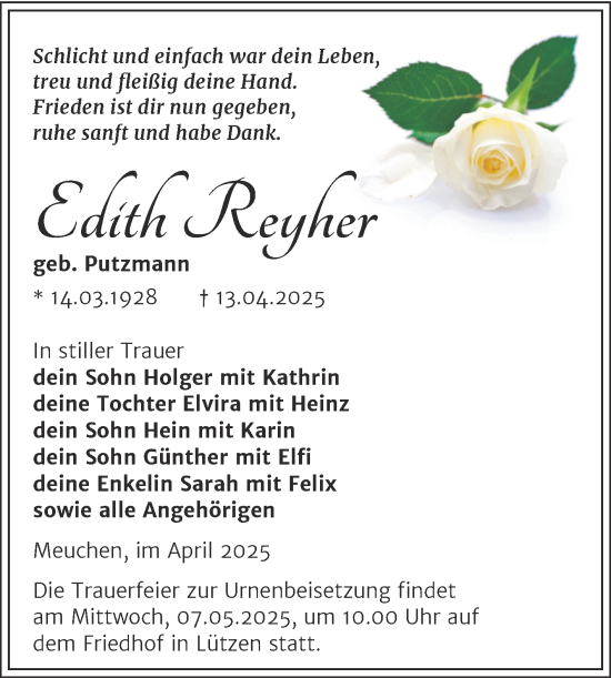 Traueranzeige von Edith Reyher von Trauerkombi Weißenfels