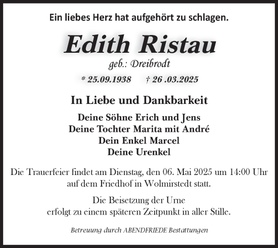 Traueranzeige von Edith Ristau von Volksstimme Haldensleben/Wolmirstedt