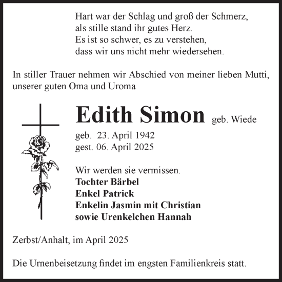 Traueranzeige von Edith Simon von Volksstimme Zerbst