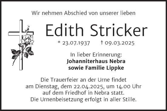 Traueranzeige von Edith Stricker von Naumburger Tageblatt