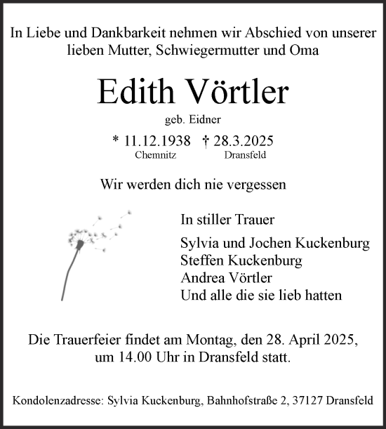 Traueranzeige von Edith Vörtler von Mitteldeutsche Zeitung Mansfelder Land