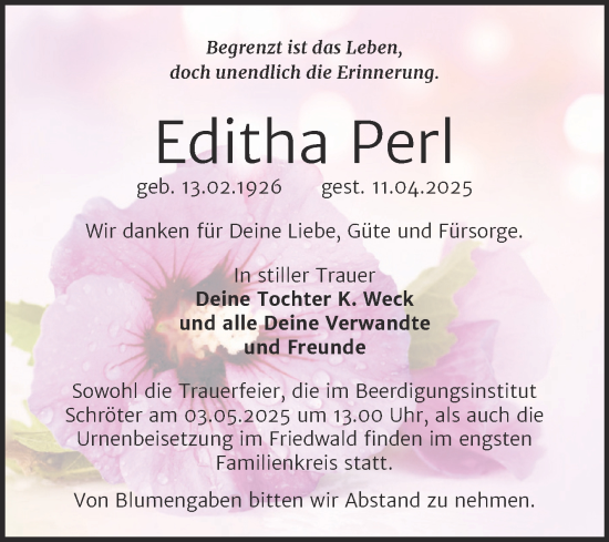 Traueranzeige von Editha Perl von Trauerkombi Dessau